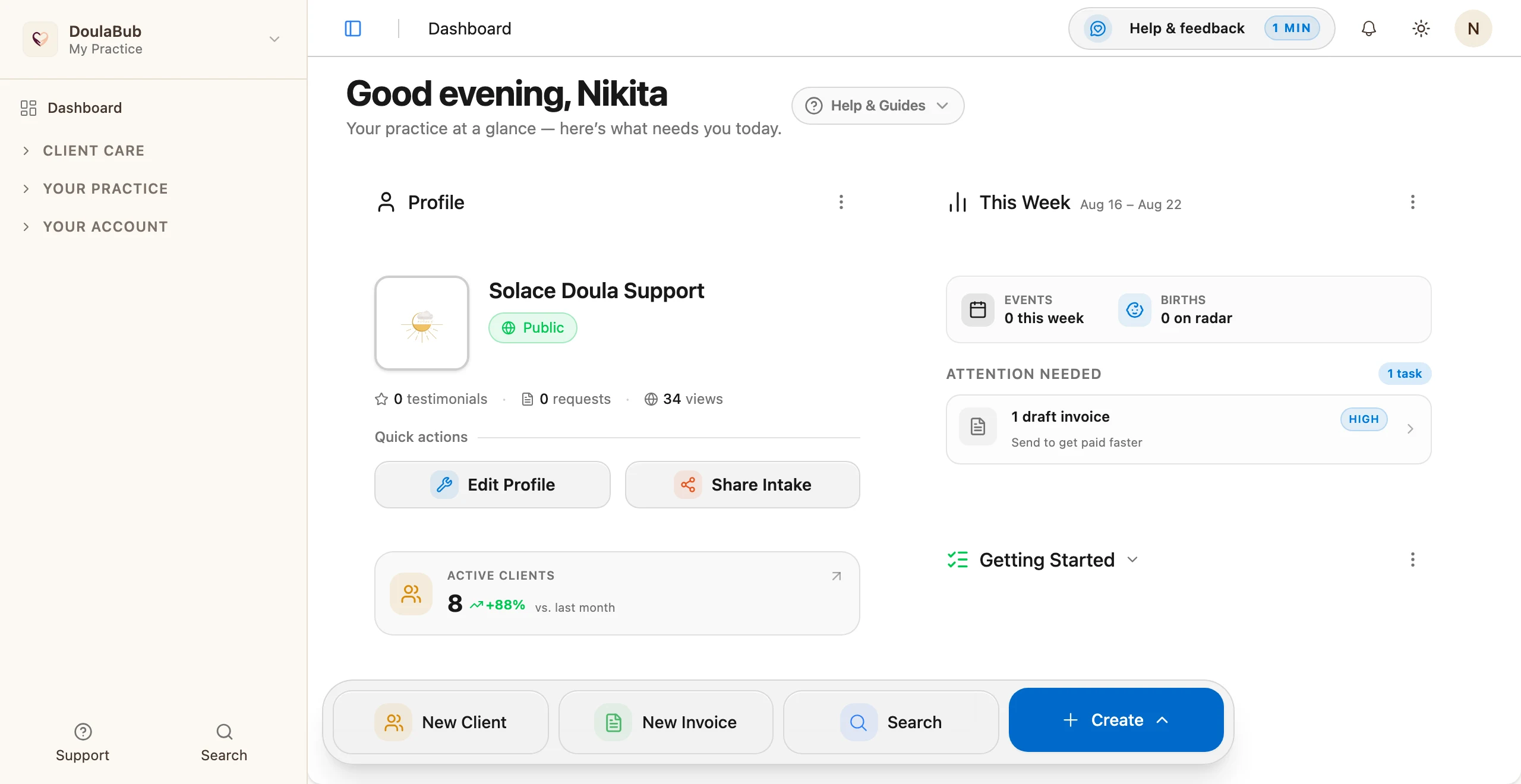 The DoulaBub dashboard: a doula's profile card with testimonial, request and view counts, an active-client total, a this-week summary of events and births, and an attention-needed list showing a draft invoice to send.